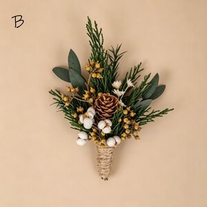 Ensemble de boutonnière de mariage bohème, boutonnière de marié fleurs séchées, fleurs de mariage rustiques, boutonnière pomme de pin, accessoire floral de mariée image 5