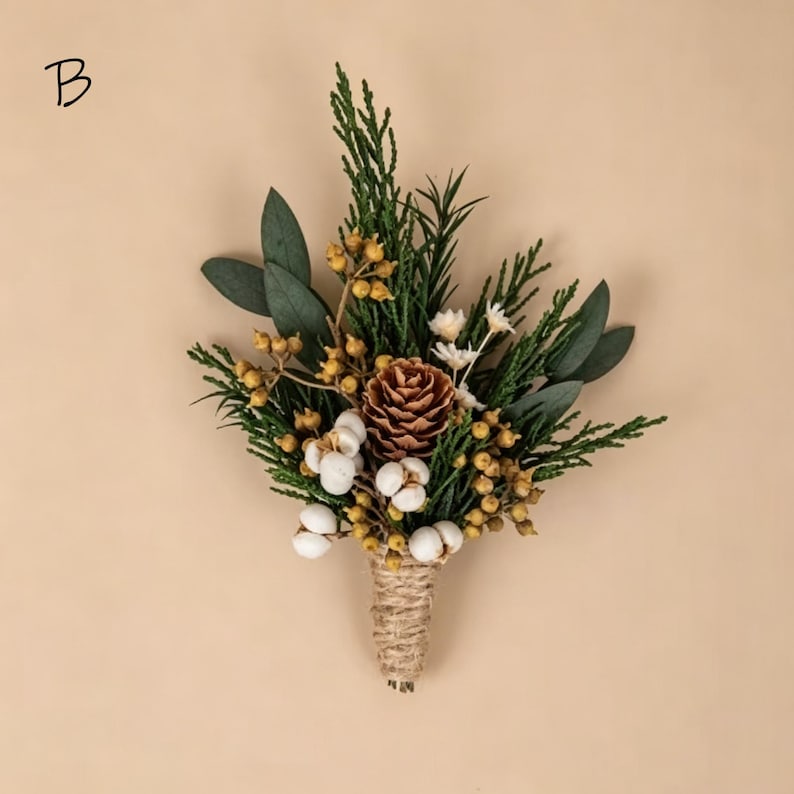 Ensemble de boutonnière de mariage bohème, boutonnière de marié fleurs séchées, fleurs de mariage rustiques, boutonnière pomme de pin, accessoire floral de mariée image 5