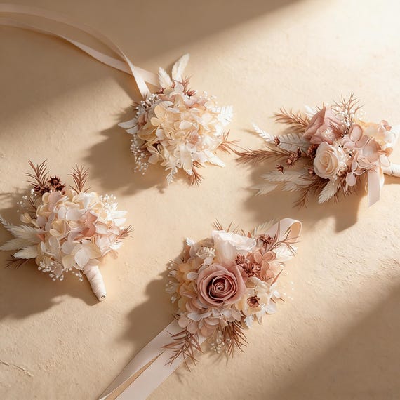 Dried Flower Corsage Set, Floral Wrist Corsage and Boutonniere, Neutral Cottagecore Flower Accessories, Preserved Flower Gift for Weddings