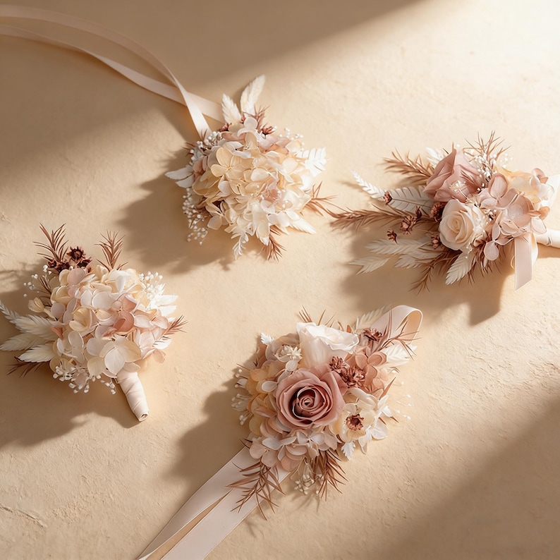 K&ouml;nnte beinhalten: Vier Blumenarrangements mit cremefarbenen B&auml;ndern. Die Bouquets zeigen Trockenblumen in Creme-, Pfirsich- und Braunt&ouml;nen. Einige Arrangements enthalten Rosen und federartige Akzente, ideal f&uuml;r Hochzeiten oder besondere Anl&auml;sse.