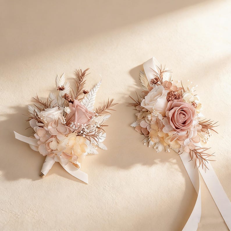 K&ouml;nnte beinhalten: Zwei Blumenarrangements mit Rosen und anderen Bl&uuml;ten in Rosa, Creme und Beige. Die Str&auml;u&szlig;e sind mit cremefarbenen B&auml;ndern gebunden. Einer ist ein Anstecker, der andere ein Handgelenks-Corsage.
