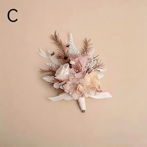 Getrocknete Blumen Corsage Set, Floral Handgelenk Corsage und Boutonniere, Neutral Cottagecore Blumen Zubehör, konserviertes Blumen Geschenk für Hochzeiten Bild 6