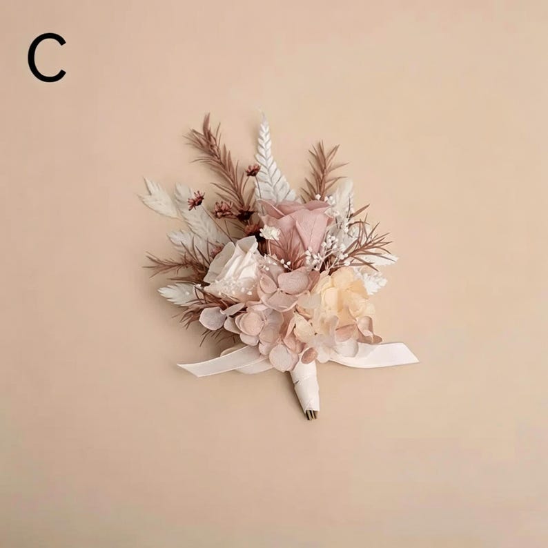 Getrocknete Blumen Corsage Set, Floral Handgelenk Corsage und Boutonniere, Neutral Cottagecore Blumen Zubehör, konserviertes Blumen Geschenk für Hochzeiten Bild 6