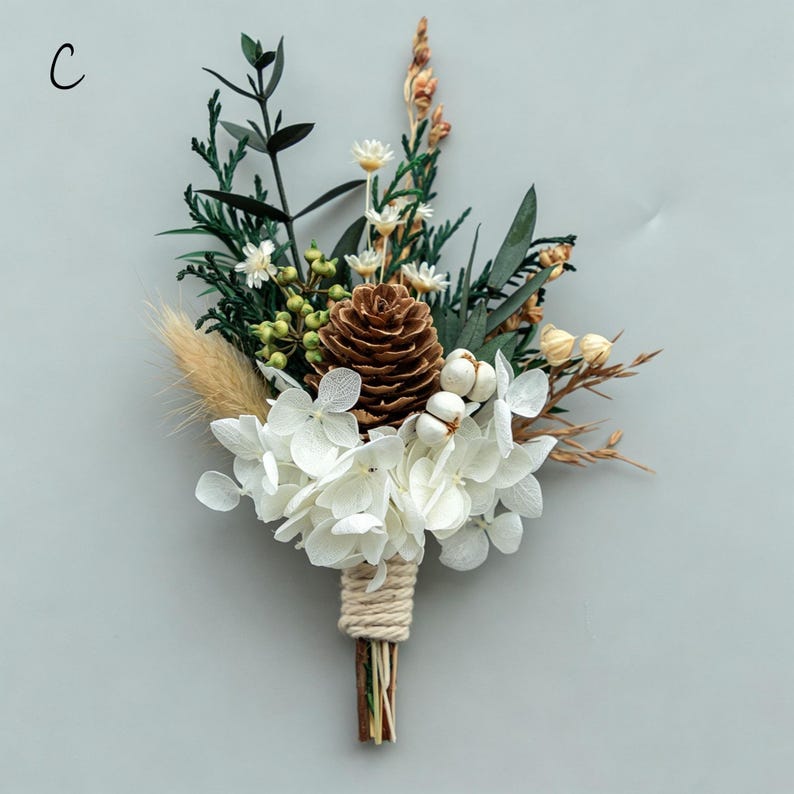 Ensemble de boutonnière de mariage bohème, boutonnière de marié fleurs séchées, fleurs de mariage rustiques, boutonnière pomme de pin, accessoire floral de mariée image 6