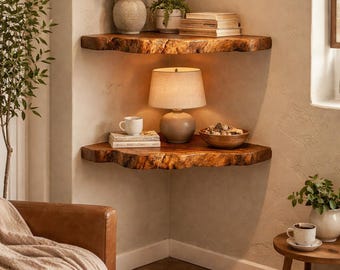 Estante esquinero de madera maciza con borde natural – Estantes esquineros flotantes de madera maciza – Estante de pared rústico de madera – Decoración del hogar hecha a mano con borde natural