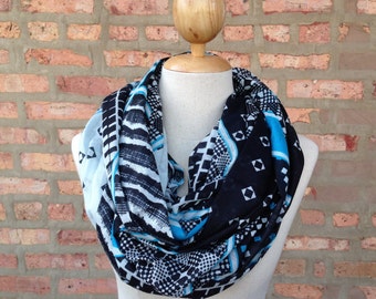 Square and Stripe Print Scarf in Blue, Infinity Scarf, Spring Scarf, Women's Scarf