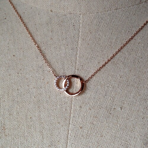 Pavé Two Circles Necklace in Rose Gold Dainty Necklace Tiny Etsy