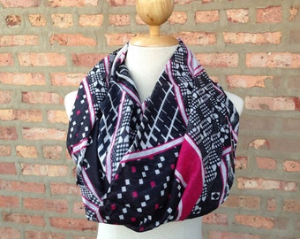 Square and Stripe Print Scarf in Pink, Infinity Scarf, Spring Scarf, Women's Scarf