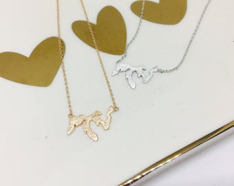 May include: Two delicate necklaces with pendants shaped like the Great Lakes. One necklace is gold and the other is silver. The necklaces are displayed on a white background with gold hearts.