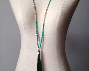 Green Beads with Green Tassel Necklace