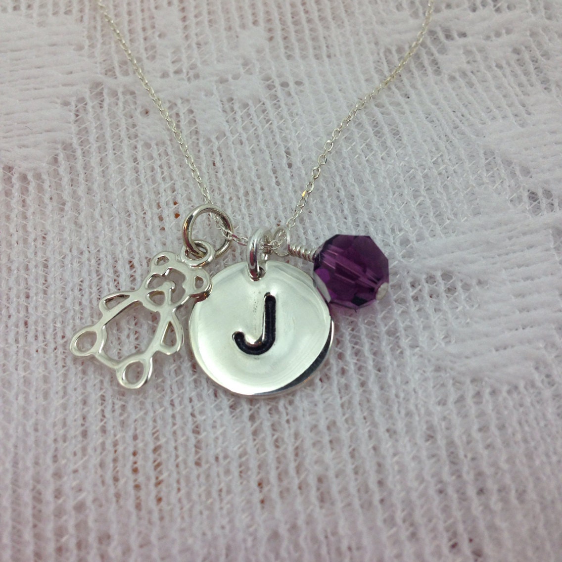 Teddy Bear charm silver Initial Letter Necklace stamped monogram pendants Teddy Bear charm silver Initial Letter Necklace stamped monogram pendants