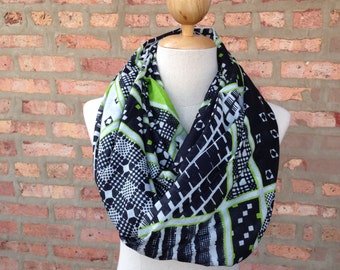 Square and Stripe Print Scarf in Green, Infinity Scarf, Spring Scarf, Women's Scarf