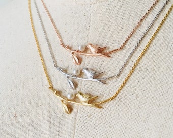 Bird and Pearl Necklace, 14k Gold plated/Rose Gold/Silver, Dainty Necklace
