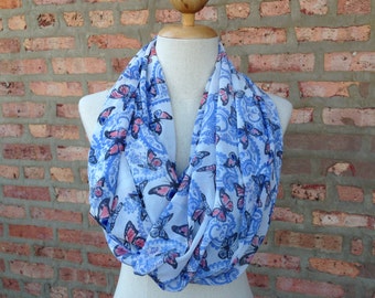 Blue Butterfly Print Scarf, Infinity Scarf, Spring Scarf, Women's Scarf