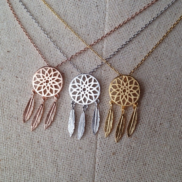 Dream Catcher Necklace, 14k Gold plated/Rose Gold/Silver, Dainty Necklace