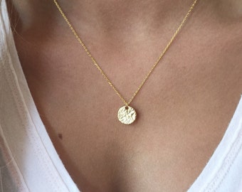 Hammered Disc Necklace, 14k Gold plated, Dainty Necklace