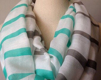 Stripe Print Scarf in Green and Gray, Infinity Scarf, Spring Scarf, Women's Scarf