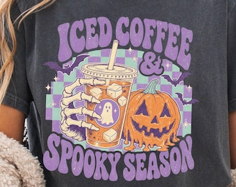 Spooky Season PNG, Iced Coffee PNG, Preppy Halloween Shirt Graphic, Girly Summer Shirt PNG, Retro Checkered Sublimation Design