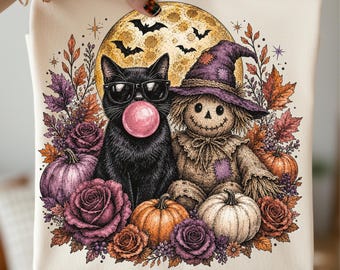 Black Cat Blowing Bubble Gum PNG, Trendy Floral Scarecrow Png,  Brushstroke Halloween Sublimation Design, Girly  Fall Png, Preppy Autumn Png