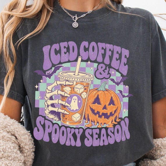 Spooky Season PNG, Iced Coffee Png, Preppy Halloween Shirt Graphic, Girly Summer Shirt Png, Retro Checkered Sublimation Design