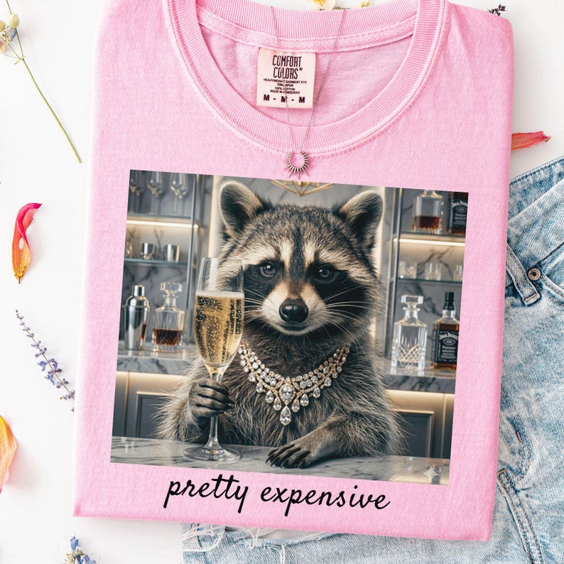 May include: Pink Comfort Colors t-shirt with a graphic of a raccoon wearing a diamond necklace and holding a champagne glass. The text "pretty expensive" is below the graphic. A silver necklace hangs from the neckline.