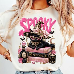 Glam Black Cat PNG Preppy Spooky Cat Png, Cute Pink Halloween Sublimation Design Witch Hat Png Boujee Trendy Png Retro Fall Shirt Design image 2