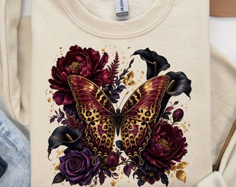 Butterfly Flower PNG, Floral and Leopard Print Sublimation Design, Gold Splatter Summer Trendy Png Design Digital Download