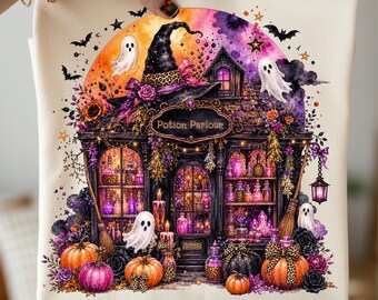 Witch Apothecary PNG, Cute Haunted House Png, Spooky Ghost PNG, Pumpkin png, Halloween Shirt Sublimation Design, Leopard Print Png