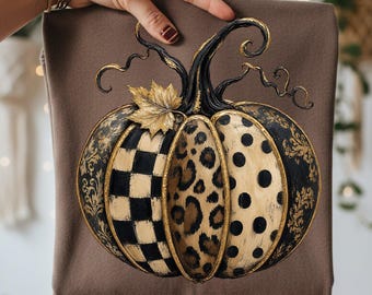 Autumn Pumpkin PNG, Trendy Brushstroke Halloween Shirt Design, Preppy Leopard Print Cozy Fall Sublimation Shirt Design, Digital Download
