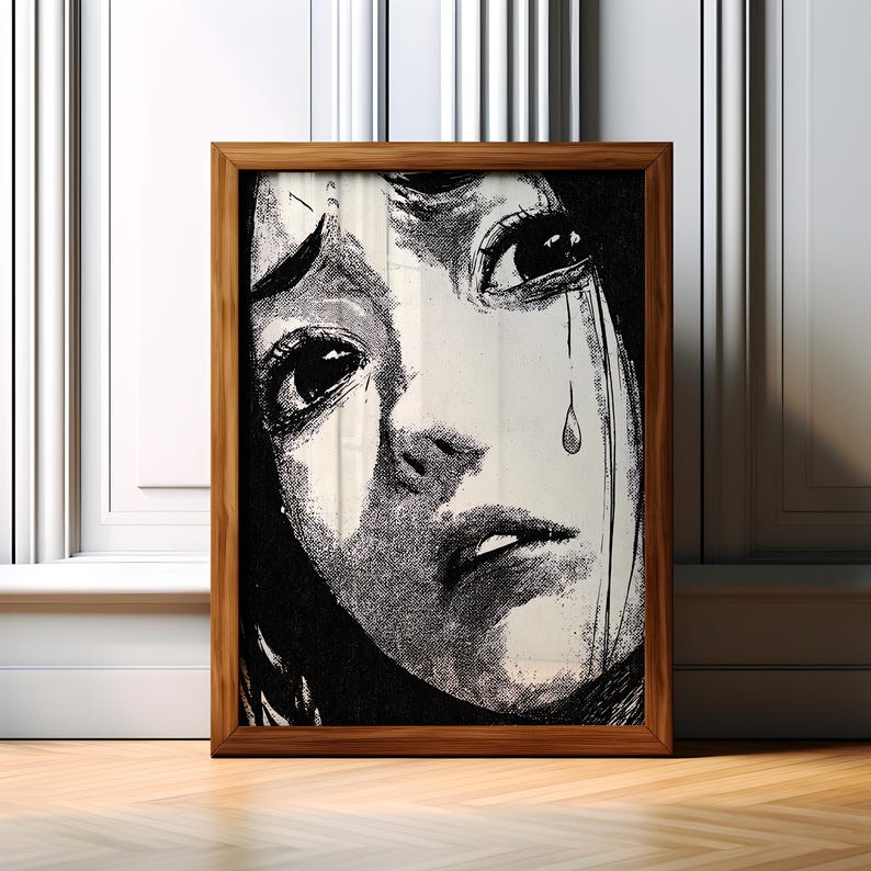 Emotional Crying Anime Girl Print – Black White Manga Poster, Halftone ...