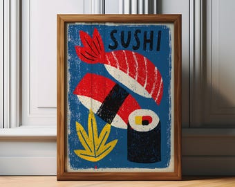 Colourful Sushi Wall Art, Bold Print, Japanese Cuisine Decor, Minimalist Kitchen Artwork