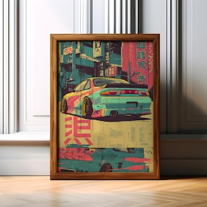 Könnte beinhalten: Gerahmter Kunstdruck mit einer farbenfrohen Illustration eines Sportwagens in einer japanischen Stadt. Das Bild zeigt einen Wagen in Türkis, Gelb und Rosa, mit rotem japanischem Text. Das Kunstwerk hat eine Vintage-Ästhetik.