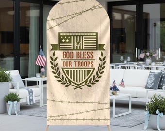 God Bless Our Troops Arch Backdrop Cover, USA Army Support Banner, Military Family Party Sign, Curved Fabric Display, Veterans Party Decor