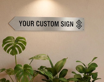 Letrero metálico personalizado con flecha izquierda, logotipo con foto y texto personalizado, letrero de pared de aluminio inoxidable, letrero direccional resistente a la intemperie para exteriores e interiores.