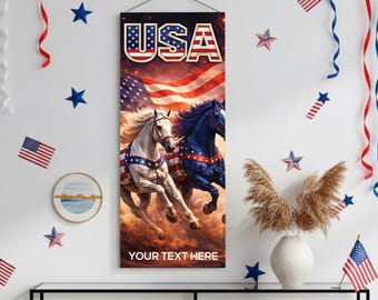 Personalized 250th 4th of July Hanging Canvas Wall Art 16x35, Patriotic Home Decor, Add Photo Logo or Text, 5 Design Options Banner, USA