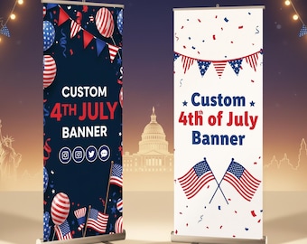 Pancarta retráctil personalizada del 250 aniversario del 4 de julio, 33x81 pulgadas, con soporte. Sube tu diseño, foto, logotipo o texto. Decoración para fiestas en EE. UU. Servicio de impresión y exhibición.