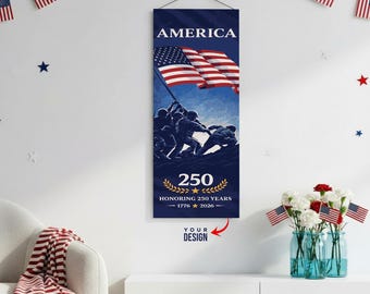 Custom 250th 4th of July Hanging Canvas Wall Art 16x35, Patriotic home decor Custom Design Upload Photo Logo Text Banner, 4th july Wall Art