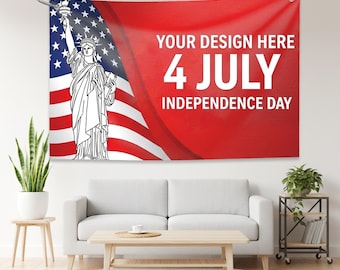 Pancarta grande de vinilo personalizada para el 250 aniversario del 4 de julio. Suba su diseño, foto, logotipo o texto. Ojales impermeables con dobladillo. Servicio de impresión en varios tamaños.