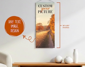 Lienzo decorativo personalizado para colgar en la pared, con foto, texto y logotipo personalizados, pancarta de lino y algodón impermeable, 40,6 x 89,4 cm, juego de 1, fabricado en EE. UU.