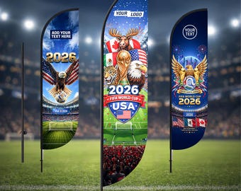 Personalisierte 2026 World Cup Federfahne 180 "x 30", Fahne mit Stange und Spitze, Lüftungsbanner, Outdoor Indoor Business Schild, 3 Designoptionen
