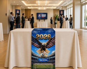 Personalisierter Tischläufer der Fussball-WM 2026, fügen Sie Ihren Text oder Logo hinzu, Tischdekoration für Fußballveranstaltungen, 4 Designoptionen, Fan-Partydekoration, hergestellt in den USA