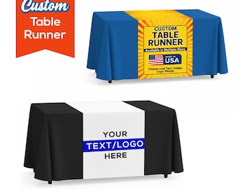 Camino de mesa personalizado con logotipo o texto, pancarta comercial personalizada, mantel para eventos y ferias comerciales, varios tamaños, fabricado en EE. UU., envío rápido.