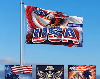 Bandera personalizada del 250 aniversario del 4 de julio. Elija entre 5 diseños. Añada su foto, logotipo o texto. Bandera exterior de alta definición con ojales. Decoración patriótica. EE. UU.