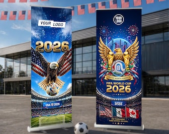 Personalized FIFA World Cup 2026 Retractable Banner 33x81 with Stand, Add Your Logo or Text, Soccer Event Pull-Up Display, 4 Design Options