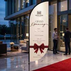 Op de afbeelding: Een verticale veerbanner met een crèmekleurige achtergrond en een donkerrode strik onderaan. De tekst luidt: YOUR LOGO, GRAND Opening, FRIDAY JUL 24 2026, 07:00 PM Onwards, ADDRESS: ABC Complex, Ground Floor, New York, USA, - RSVP - Name & Contact.