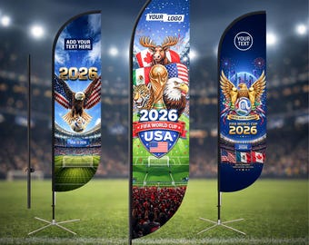 Bandera personalizada de la Copa Mundial 2026, 457 x 76 cm, con mástil y estaca, pancarta con ventilación, letrero comercial para interiores y exteriores, 3 opciones de diseño.