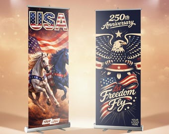 Banner retráctil personalizado del 250 aniversario del 4 de julio, 33x81 cm con soporte. Añade tu foto, logotipo o texto. Exhibidor patriótico enrollable. 5 opciones de diseño.