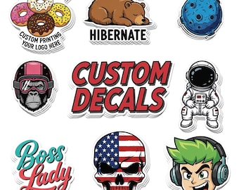 Calcomanías de vinilo personalizadas. Cargue su logotipo, foto o texto. Resistente a los rayos UV y a la decoloración. Adhesivo de liberación de aire sin burbujas. Elija la cantidad.