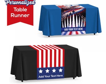 Camino de mesa personalizado para el 250 aniversario del 4 de julio. Elija entre 6 diseños. Añada su texto o logotipo. Mantel para eventos patrióticos. Hecho en EE. UU.