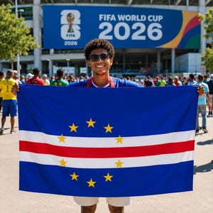 May include: A rectangular flag of Cape Verde featuring a dark blue field with a horizontal white-red-white stripe pattern and a circle of ten yellow five-pointed stars centered on the lower half of the flag, held up in front of a stadium.